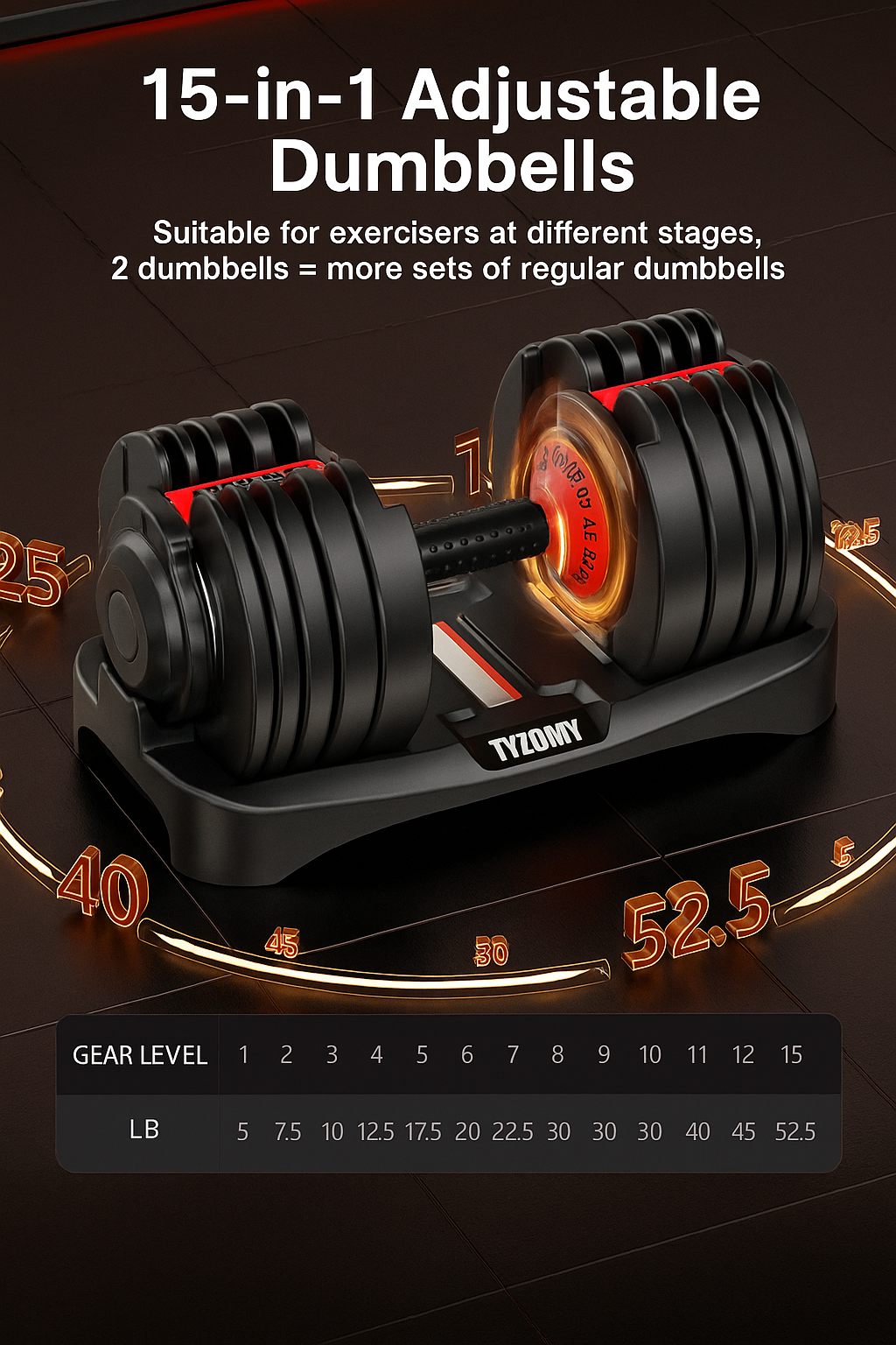 Adjustable Dumbbells Set of 2，Free Weights Dumbbells Set，Adjustable Dumbbell Set，52.5 Lbs Pair 105 Lbs，15 in 1，For Men/Women Gym Equipment for Home Strength Training Equipment