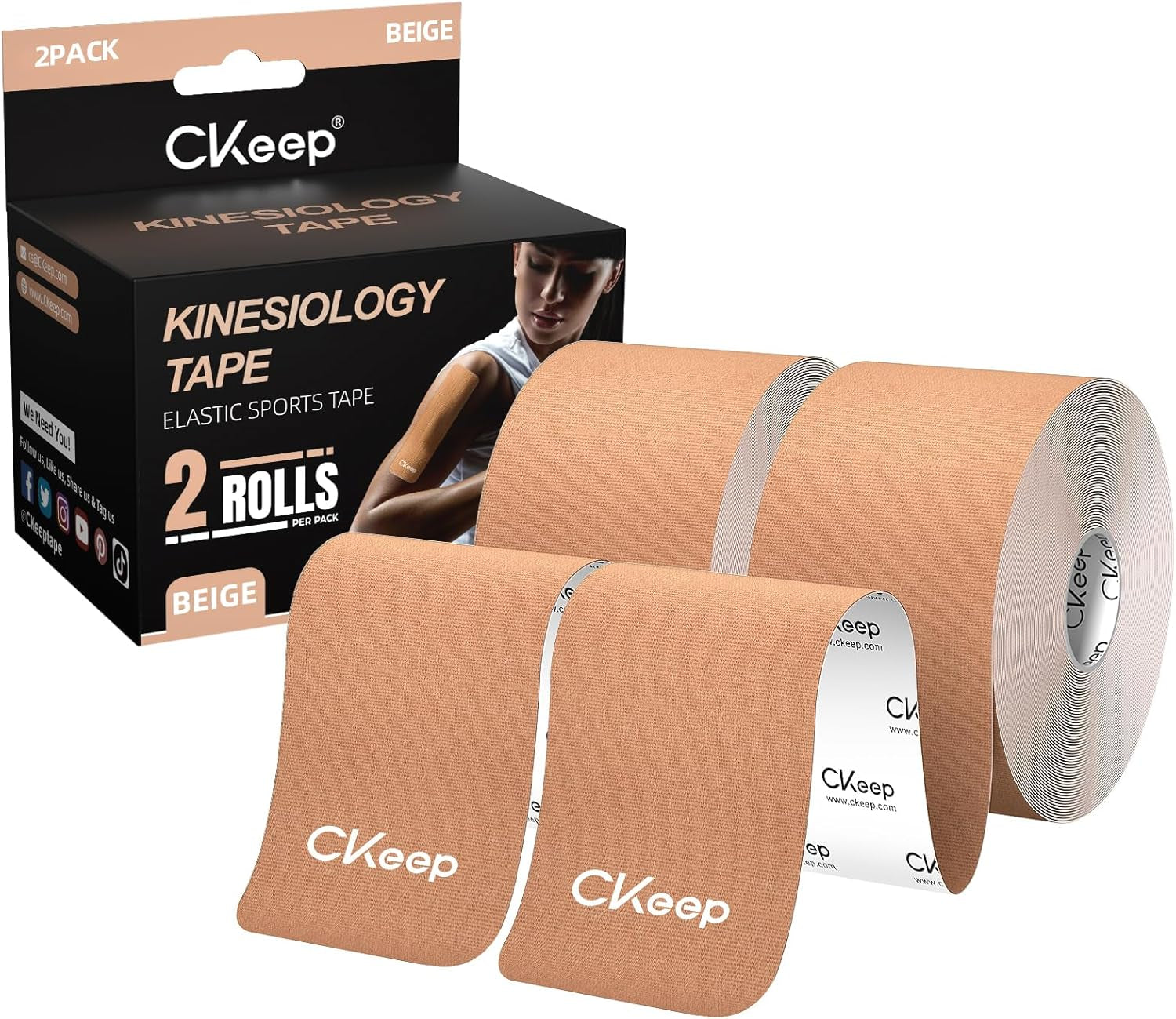 Uncut Kinesiology Tape(2 Rolls), Original Cotton Elastic Premium Athletic Tape,Latex Free Hypoallergenic, 2Inch X 16Ft, Beige